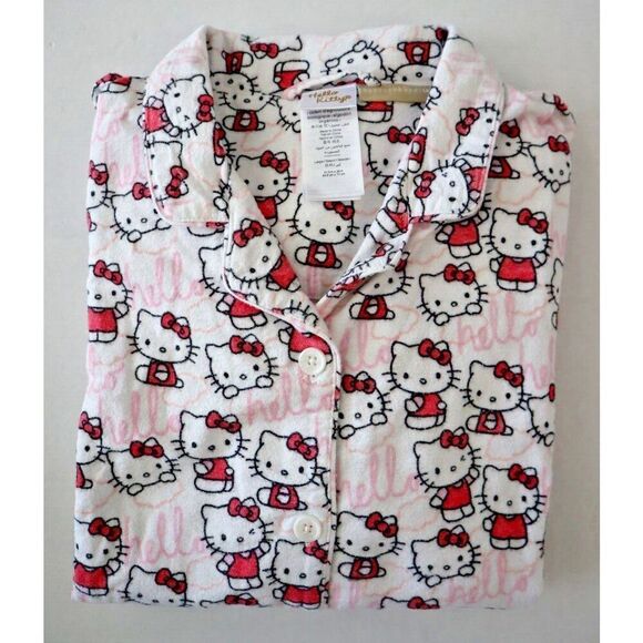 Pottery Barn Teen Sz L White Hello Kitty Organic Cotton Flannel Pajama Set - Picture 8 of 14